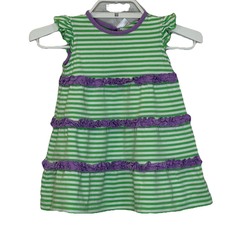 Hanna Andersson Dress Girls Size 80 US 18-24 mos. Green Stripe Purple‎ Ruffle